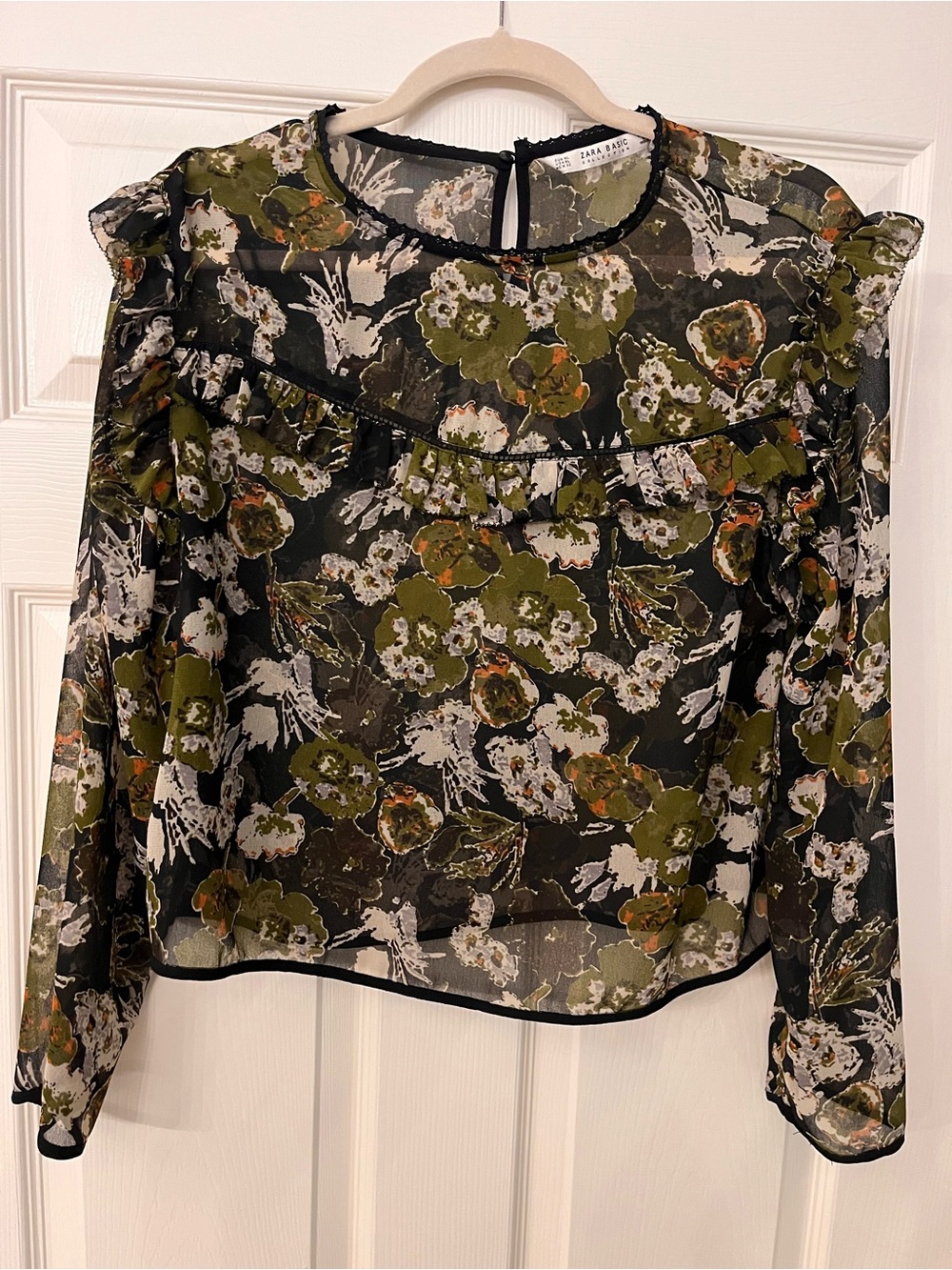 Zara Olive Green & Black Floral Sheer Ruffle Blouse